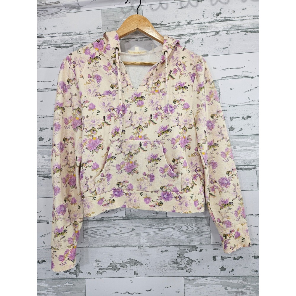 LoveShackFancy Floral Cotton Hoodie XS Purple Cream French Terry Pullover